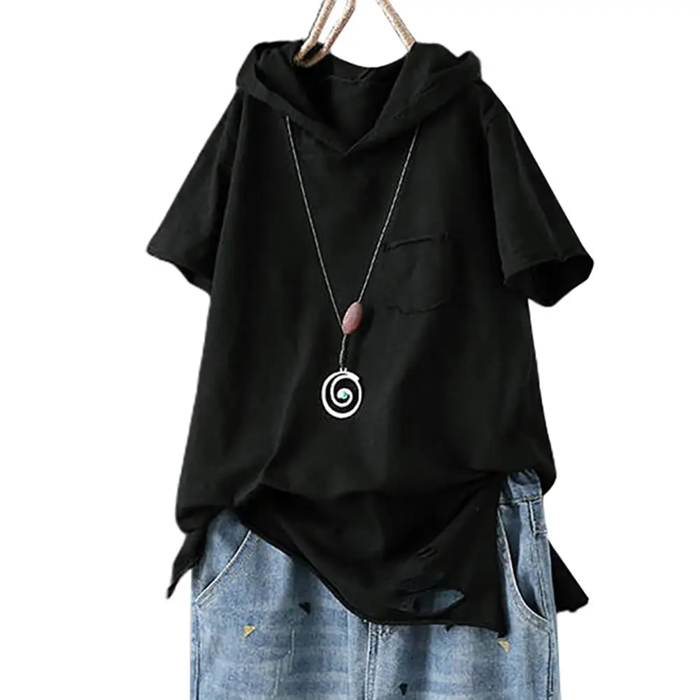 Women Casual Solid Color Short Sleeve Ripped Giraffe Print Loose T-shirt Hoodie