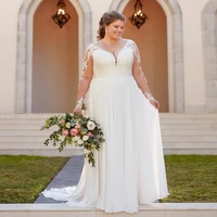 elegant plus size a line wedding dress for bride white chiffon with sleeves applique floor length bridal gowns v neck 2021 robes