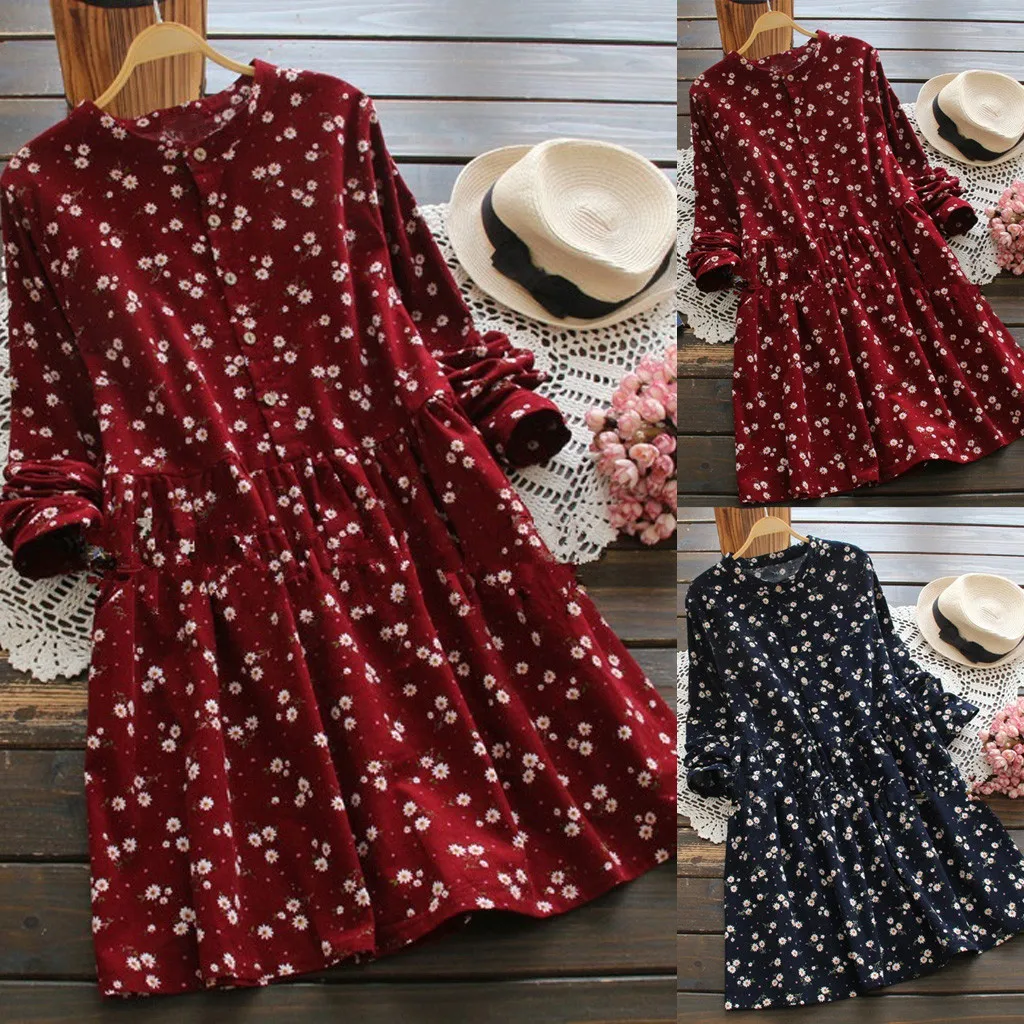 Женское осеннее пляжное платье с цветочным принтом женское вельветовое