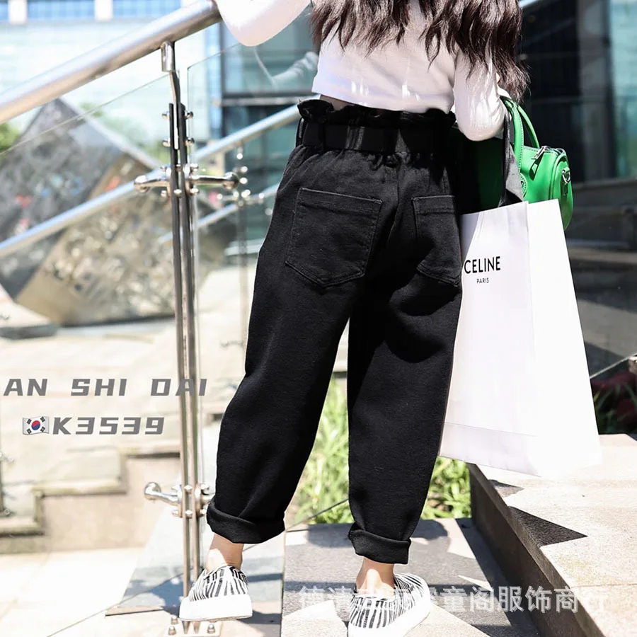 

2021 Autumn Children's Pants Big Boy Girls Loose Carrot Pants Girls Bud Elastic Waist Denim Daddy Pants