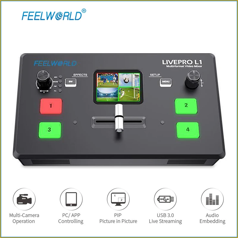 

Мультиформатный Смеситель для видео Feelworld Livepro L1, переключатель для прямой трансляции в реальном времени, студийная запись в реальном време...
