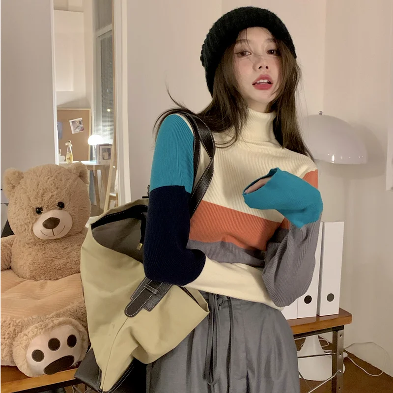 Пуловер Woherb в радужную полоску с воротником-хомутом женский корейский шикарный