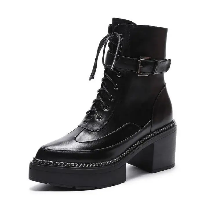Beli Sepatu Militer Punk Sepatu Bot Pergelangan Kaki Kulit Sapi Hak Persegi Sepatu Wanita Ujung Lancip Sepatu Bot Wanita D57