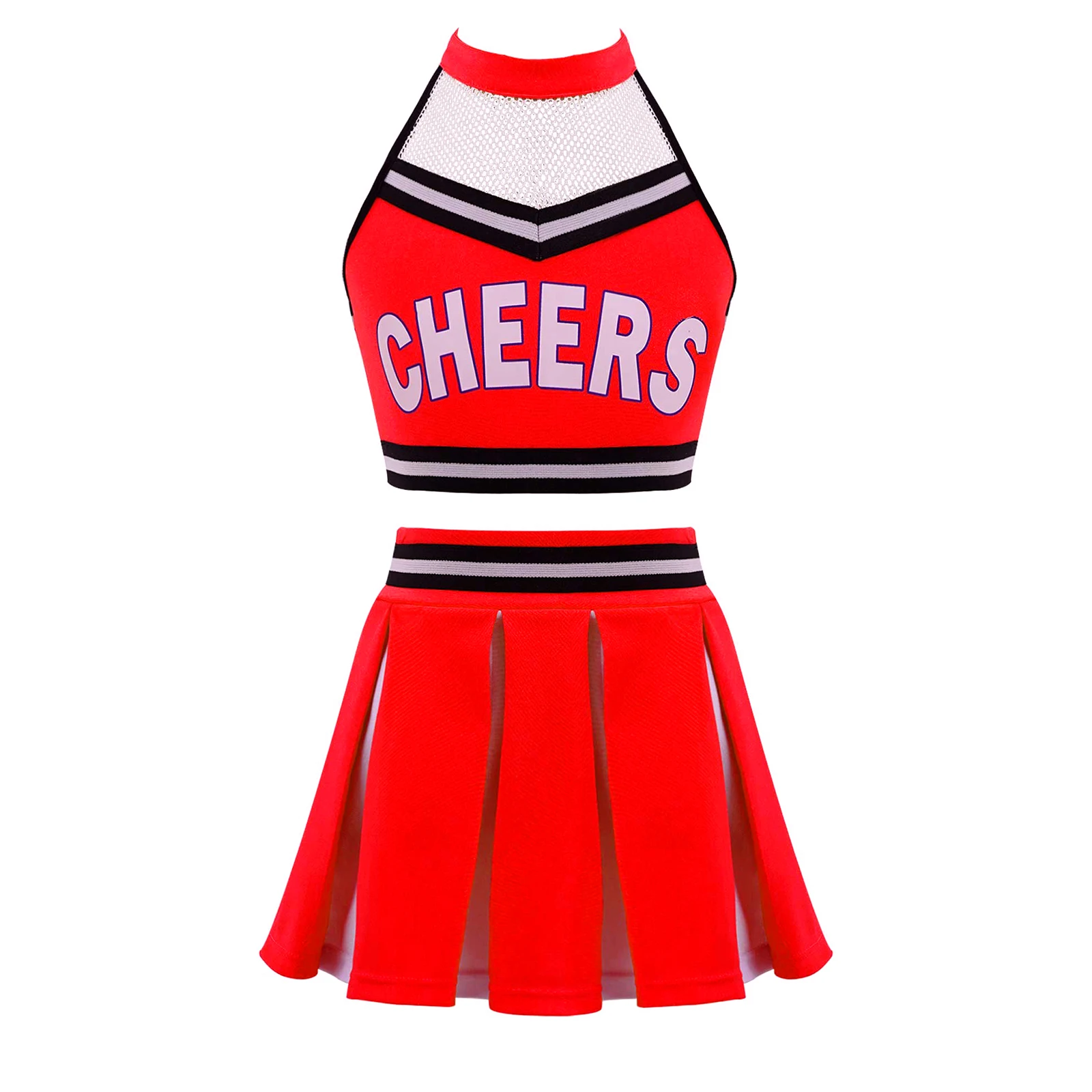 Cheerleader Costume for Girls Halloween Cute Uniform Mesh Splice Crop Top+Pleated Skirt Kids Competition Performance Outfit
