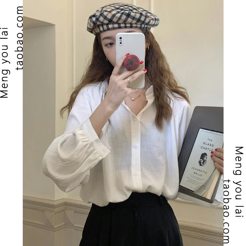 

Осенний нежный топ в французском стиле с V-образным вырезом, шикарная рубашка в ретро стиле, Женский шифоновый дизайн