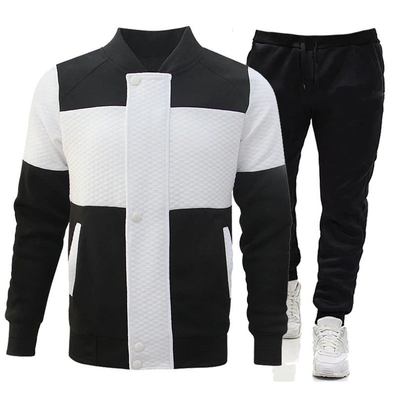 Men's Tracksuit Splicing Grid Jackets sweatpants 2 Pieces Warm Sport Suit Casual Male Clothing Sportswear