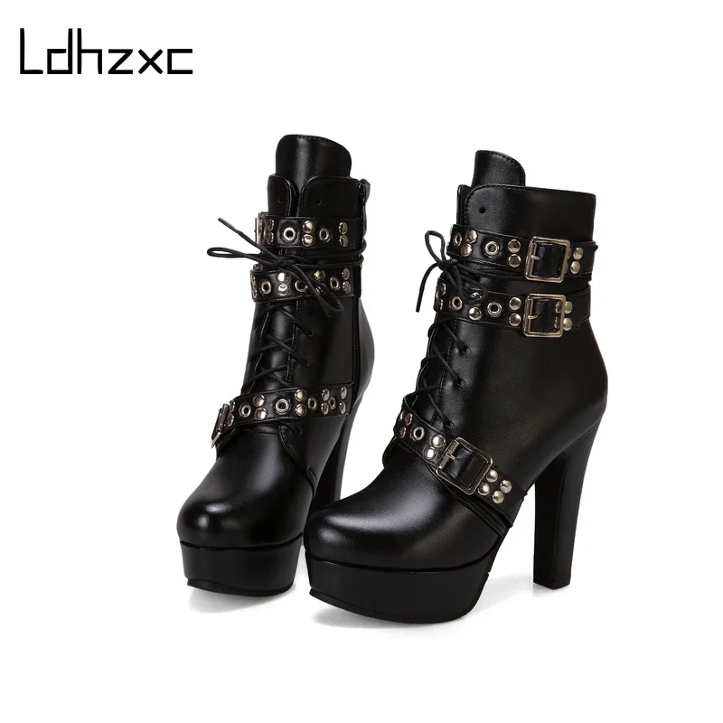 

LDHZXC pu Leather Lace Up Booties Women High Heels Autumn Platform Ankle Boots With Zippers Black Punk High Quality Big Size
