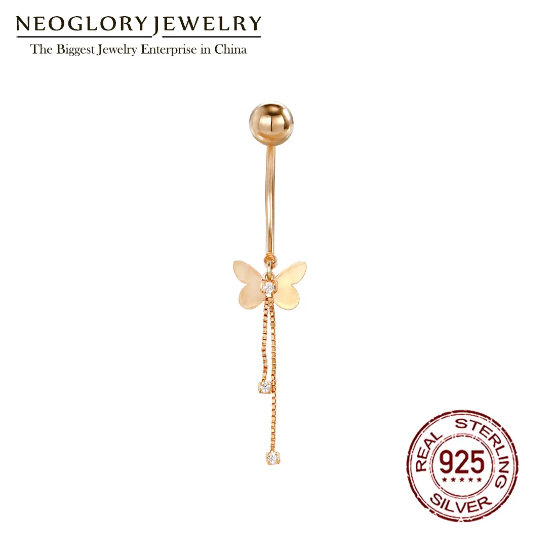 Neoglory S925 Silver Golden Butterfly Belly Button Rings For Women Body Piercing Shining White Zircon Navel Jewelry New Hot Gift