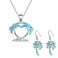 fashion coconut tree jewelry set for women imitation blue opal necklace earrings set women wedding band jewelry accessories gift