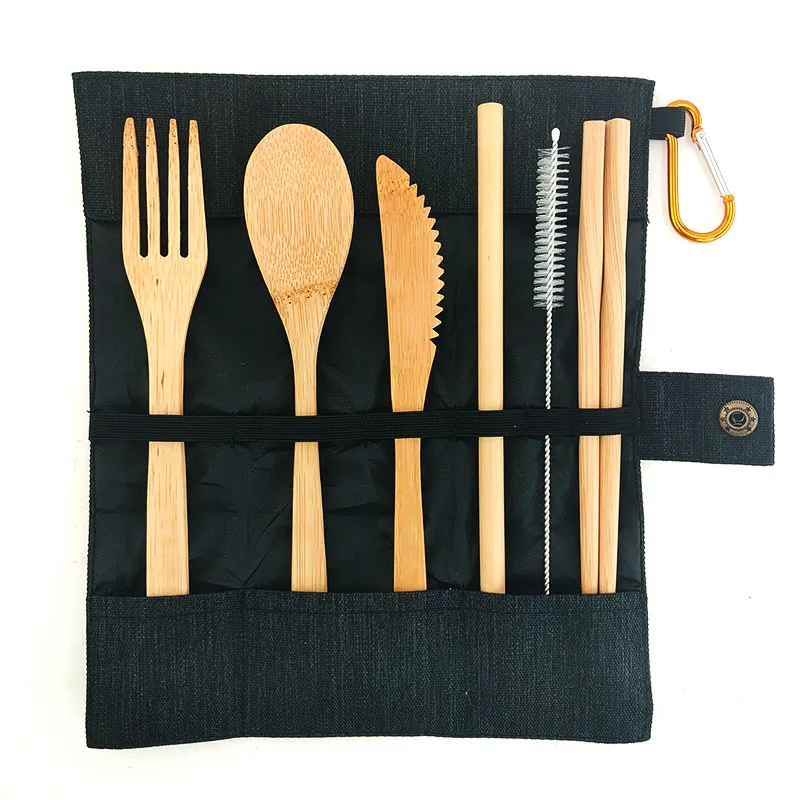 

6pc Natural Zero Waste Biodegradable Bamboo Cutlery Set Eco Friendly Portable Spoon Fork Chopsticks Utensils Wooden Flatware Set