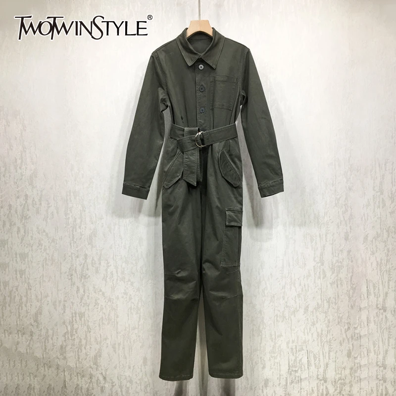 TWOTWINSTYLE винтажные женские комбинезоны с отворотным воротником и длинными рукавами с завышенной талией с поясом и карманом женский комбинезон Осень