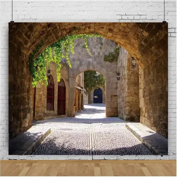 Middeleeuwse Gebogen Straat Achtergrond Griekenland Rhodos Fotografie Achtergrond Oude Stad Land Scènes Foto 'S Europese Gebouw Decoratie