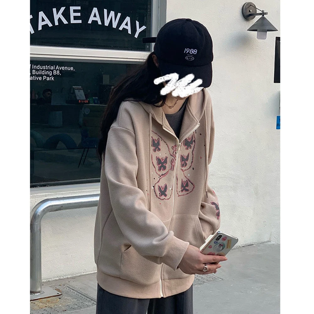 

Y2K Women's Hoodies Oversized Hoodie Butterfly Retro Pocket Women's Long-sleeved Pullover Zipper Hoodie Waffle Jacket