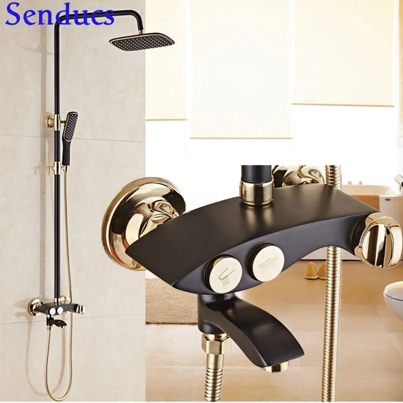 

Matte Black Golden Button Thermostatic Hot Cold Bathroom Shower Set of 3 Functions Solid Brass Antique Bathroom Faucet Set