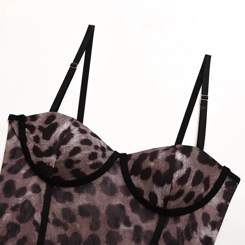 

Leopard Sexy Straps Mesh Bodysuits Party Night Club Women Tops Sheer Hot Sexy Backless Summer Bodysuit