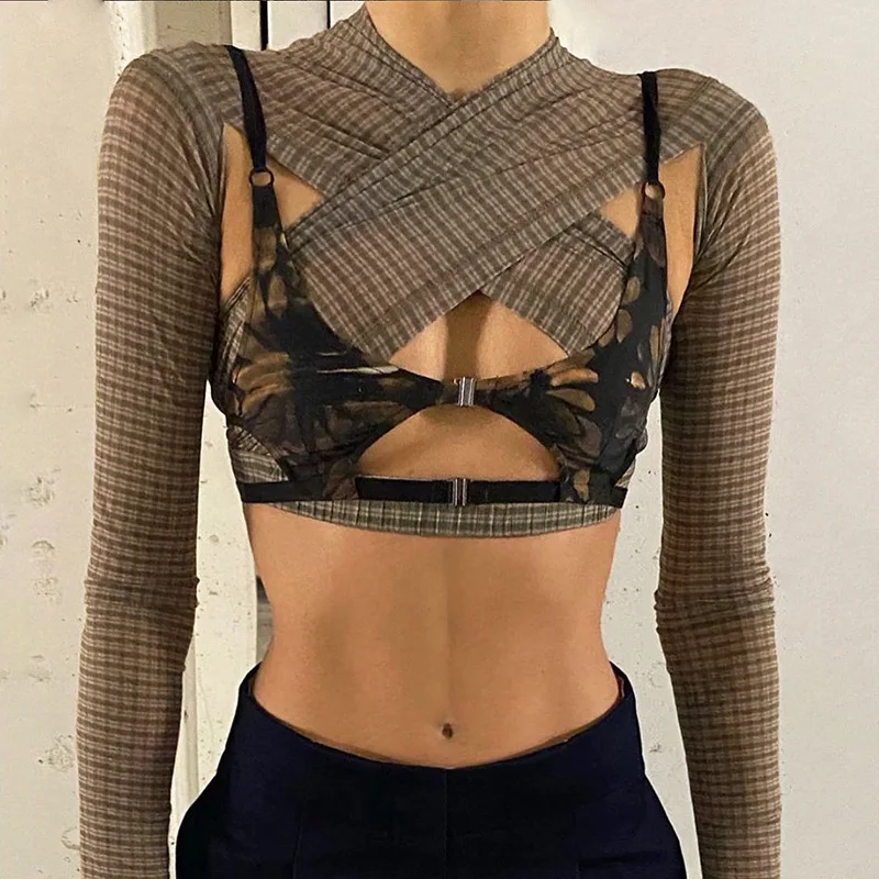 

Женская ажурная футболка с длинным рукавом и открытой спиной, из эластичного материала, весна-лето 2021