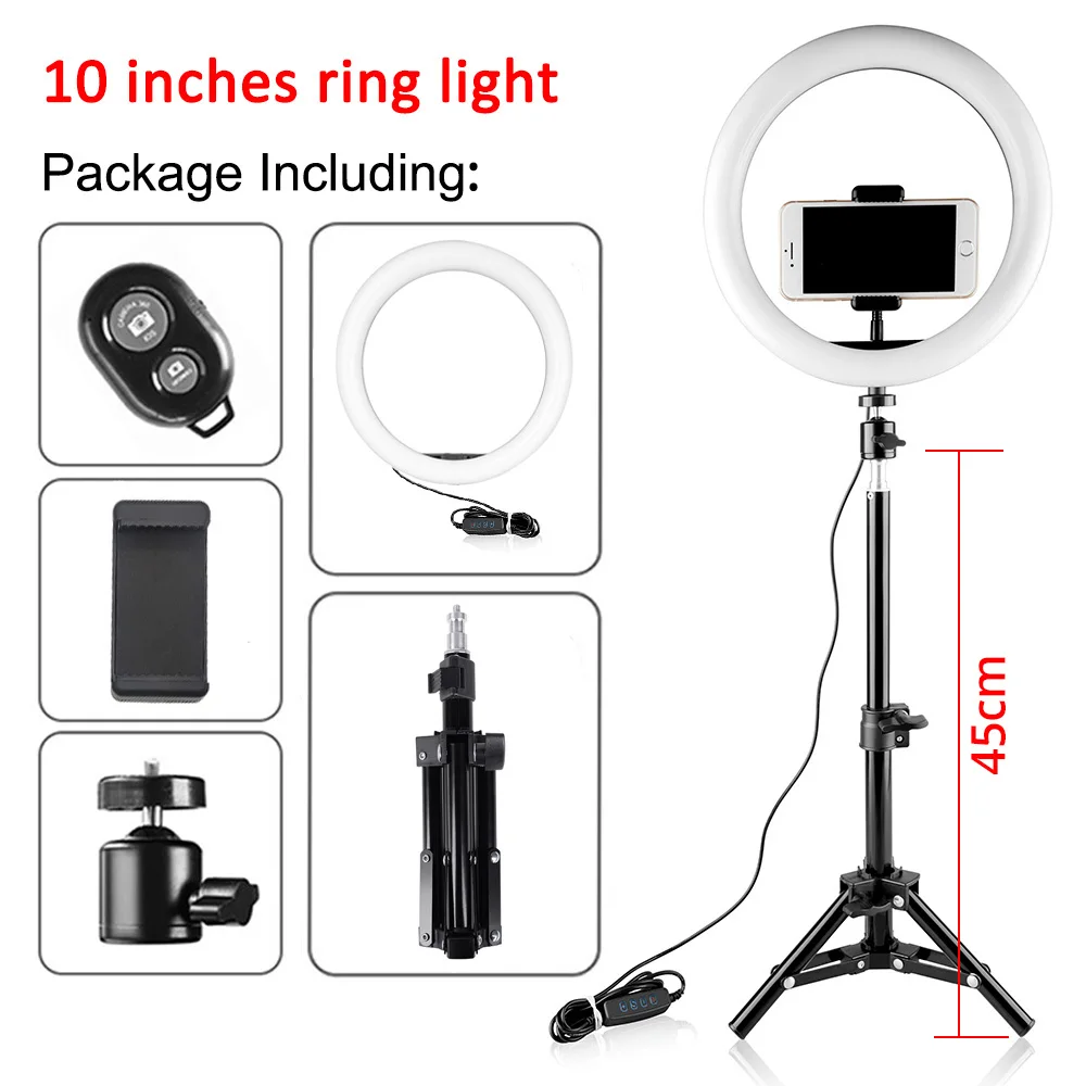 10 inches ring light Capsaver светодиодный кольцевой светильник для селфи с регулируемой яркостью, кольцевая лампа для макияжа, Настольный светильник USB для съемки фото и видео, с держателем для телефона на штативе - Цвет: 10 inches ring light
