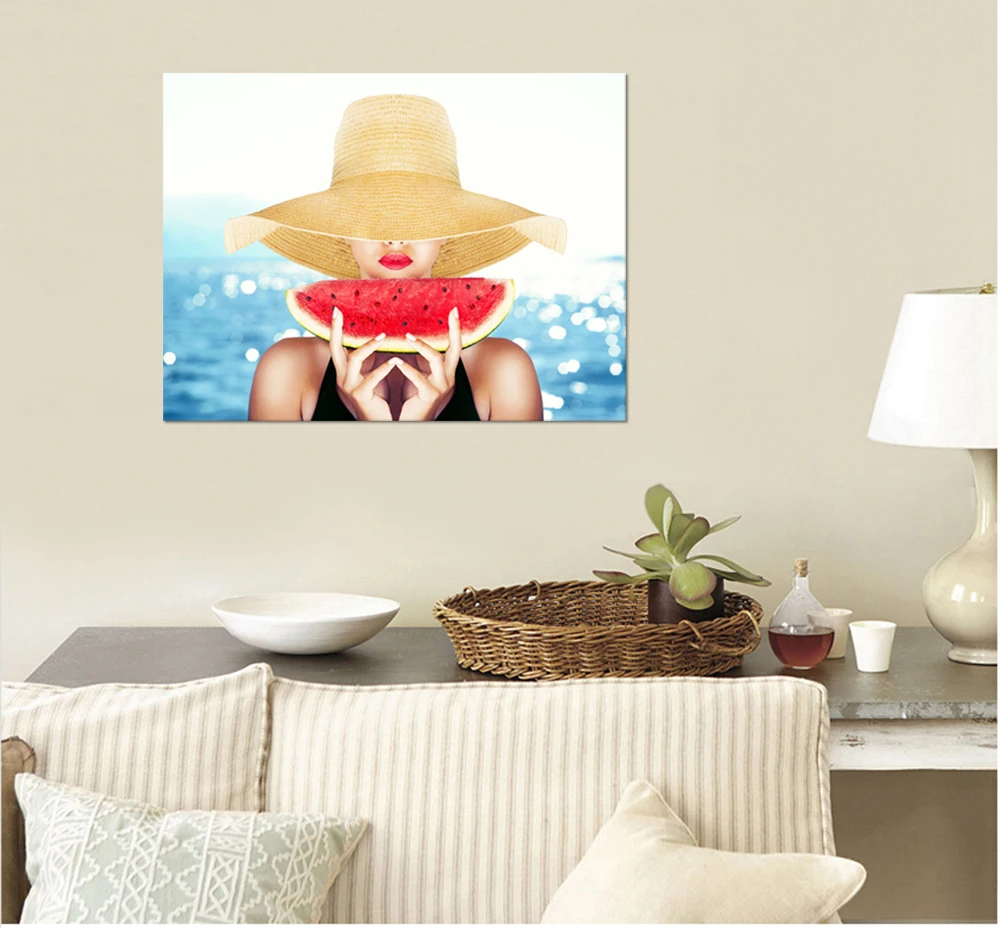 

Figure Canvas Painting Lady Eating Watermelon Wall Art Poster 1 Piece Summer Beach Print Home Decor Modern Picture