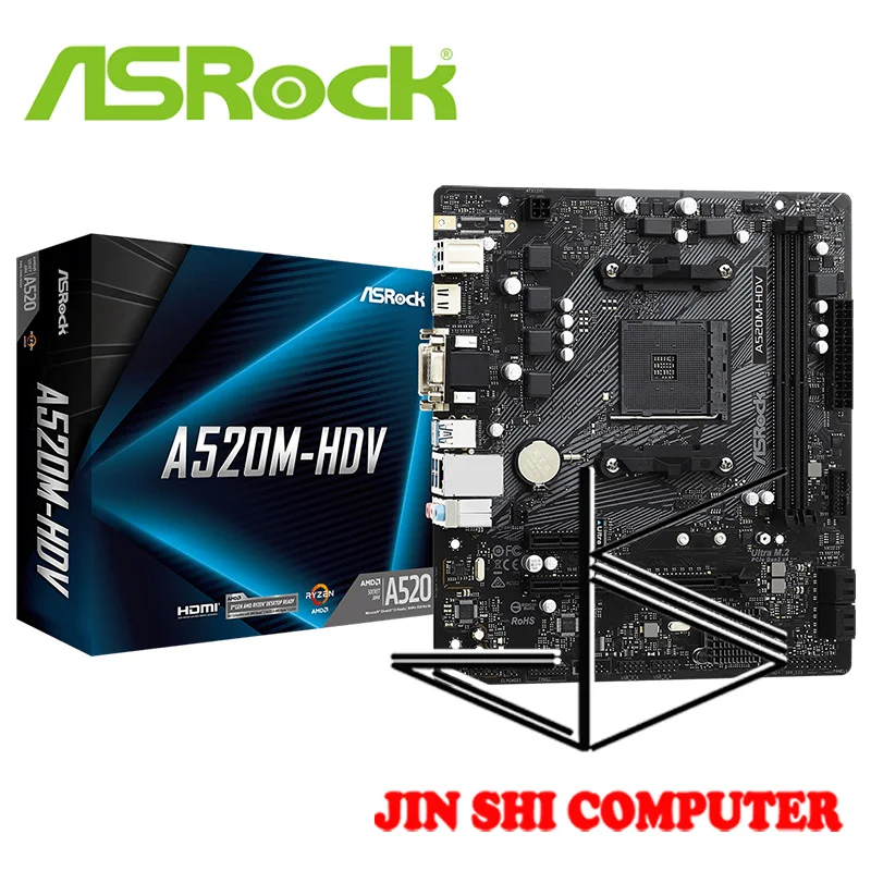 

ASRock A520M-HDV Supports AMD AM4 Socket Ryzen™ 3000, 4000 G-Series and 5000 Supports DDR4