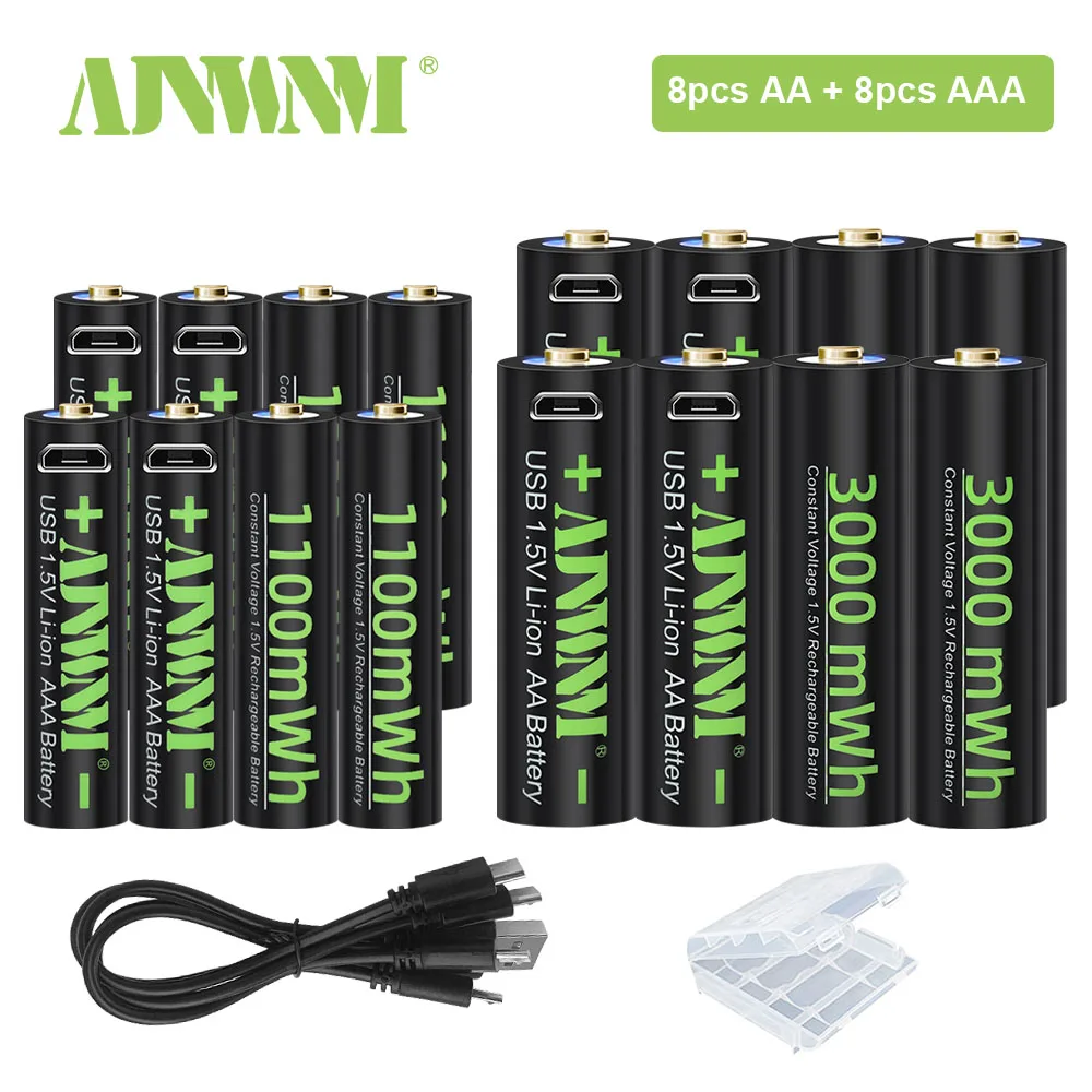 

AJNWNM 3000mWh 1.5V AA Rechargeable Batteries+1100mWh 1.5V AAA Battery Li-ion AA AAA Rechargeable Battery for Camera Toy+ USB