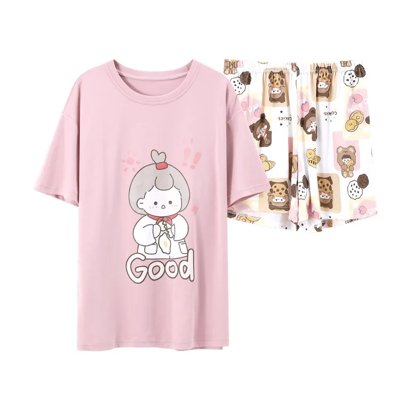 

Women's Sleepwear Korean Kawaii Pink Short Sleeve Cartoon Pajamas For Women Summer New Thin Cotton Cute Girls Loose Home Wear