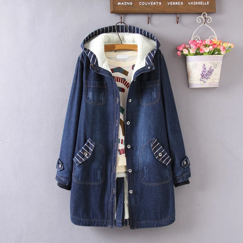 

Witner New Denim Coat For Women Hooded Fur Liner Thicken Fleece Warm Long Female Jackets Fashion Outwear Coat Tops