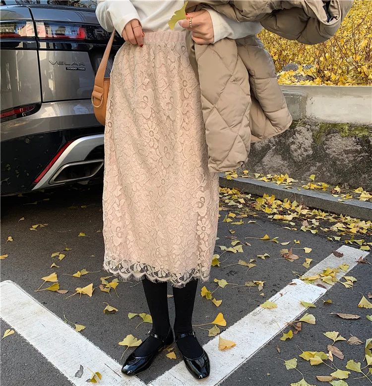 Женская кружевная юбка двусторонняя Свободная с высокой талией и поясом на