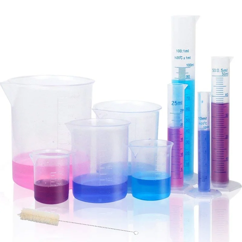 

Plastic Graduated Cylinders and Beakers, 10ml 25ml 50ml100ml Cylinders with 50ml,100ml 250ml 500ml 1000ml Beakers 1 Tube Brush