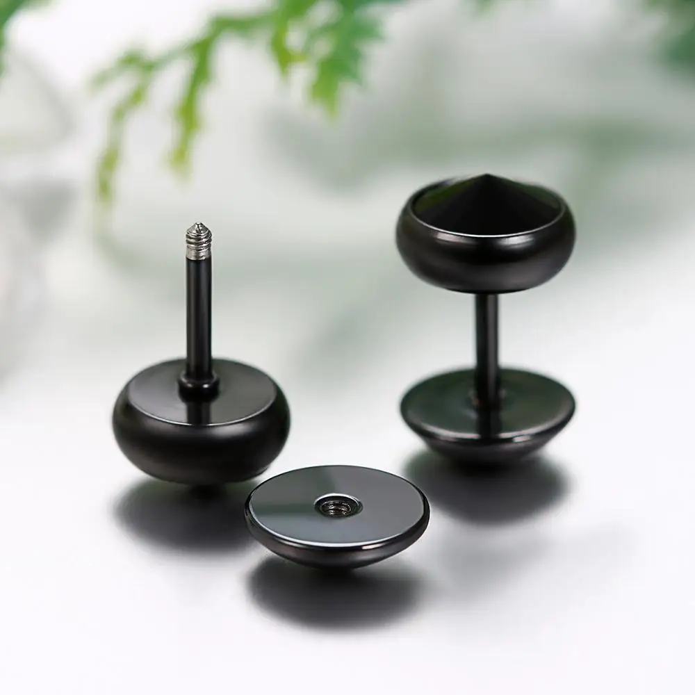 Мужские Черные Накладные беруши из нержавеющей стали 8 мм шпильки с фианитами