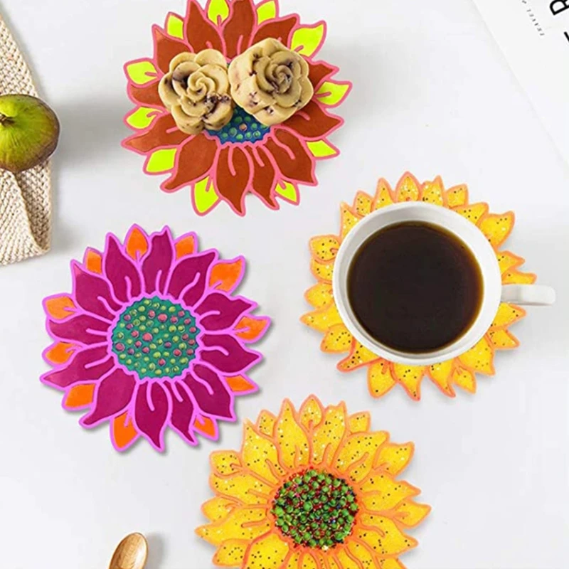 

2 Pcs Sunflower Shape Coaster Epoxy Resin Mold Cup Mat Casting Silicone Mould DIY Crafts Ornaments Decorations Making Tools