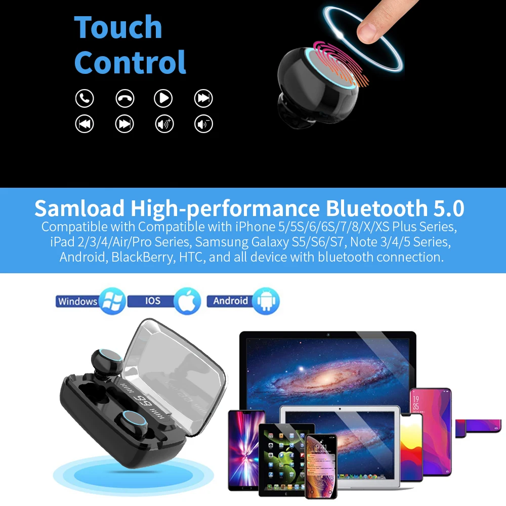 Беспроводной Bluetooth наушники со светодиодными огнями V5.0 наушники-вкладыши TWS с