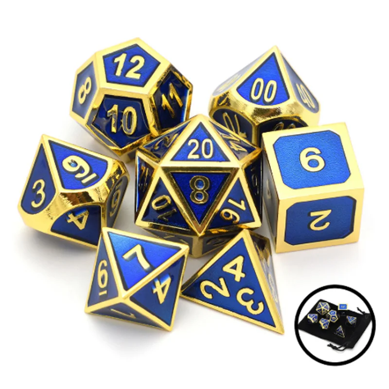 XSXS--A Набор из 7 игральных костей блестящий золотой отделки с королевской синей