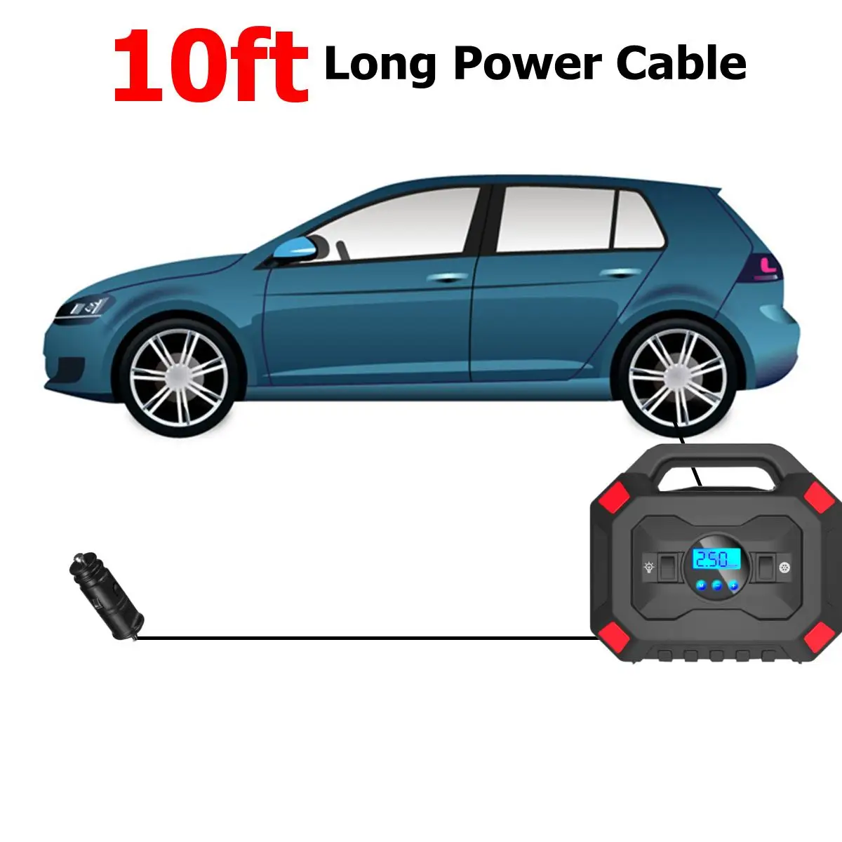 Лобовое цифровое насосное устройство для шин с ЖК-дисплеем на 12 В для автомобиля, портативный насос для воздуха с компрессором 150PSI и USB-питанием для надувания моторных велосипедов.