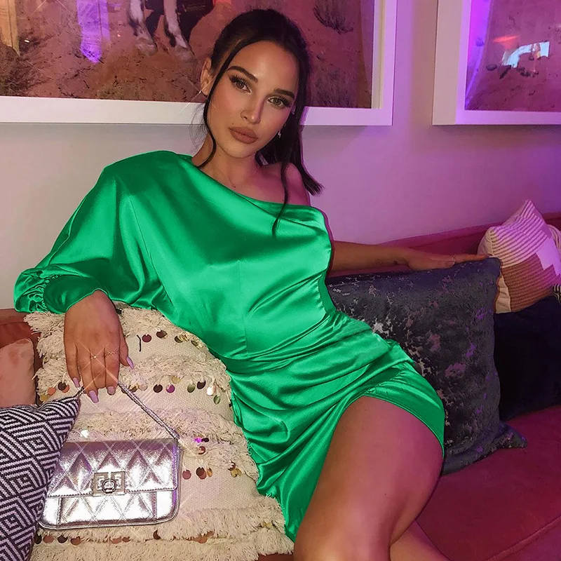 Пикантный Шелковый Атласный мини-осеннее платье с рюшами женское вечернее одним