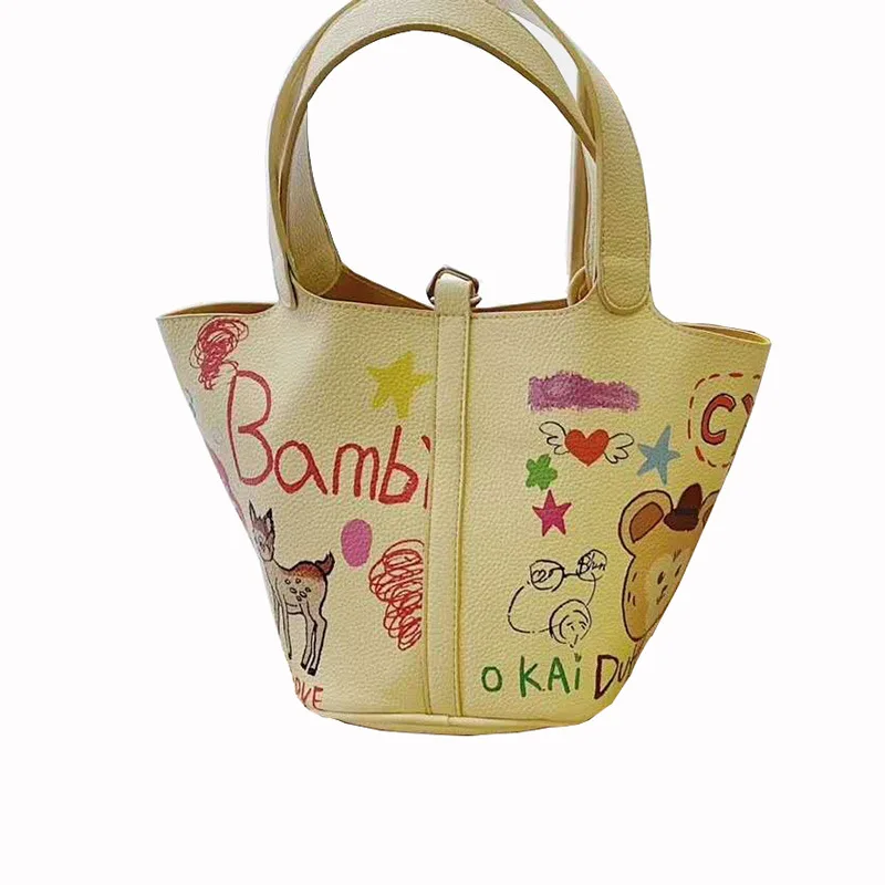 

New graffiti bucket bag female large-capacity handbag hand-painted printing cute cartoon girl handbag personalized shopping bag
