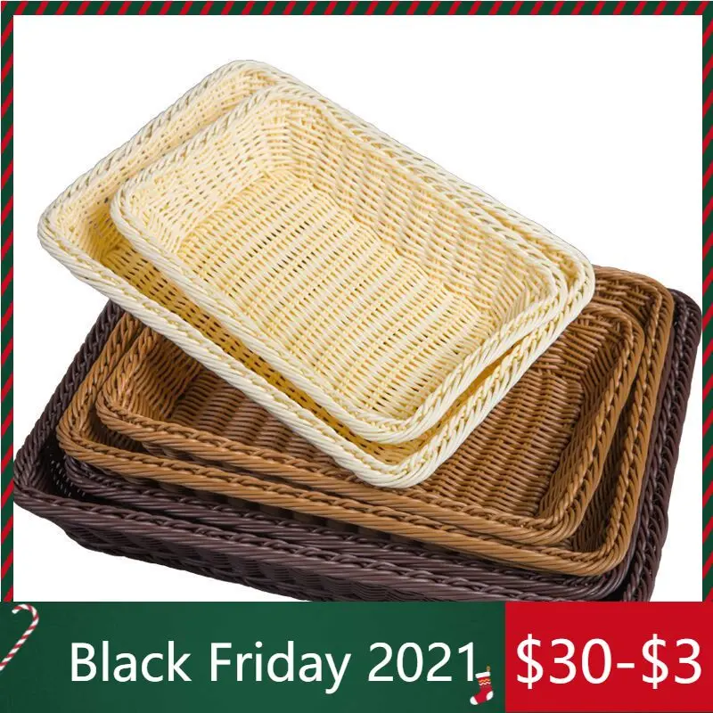 

Hand-Woven Rectangular Rattan Wicker Basket Fruit Tea Snack Bread Picnic Cosmetic Storage Box Kitchen Supplies Storage Basket