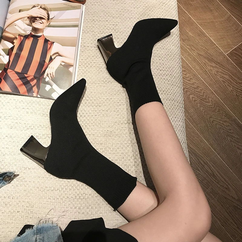 Stretch Boots Women Winter Heels Shoes Pointed Toe Ankle Women's Sock Booties With Pewter Chucky Heel Foldable Style 2020 | Обувь