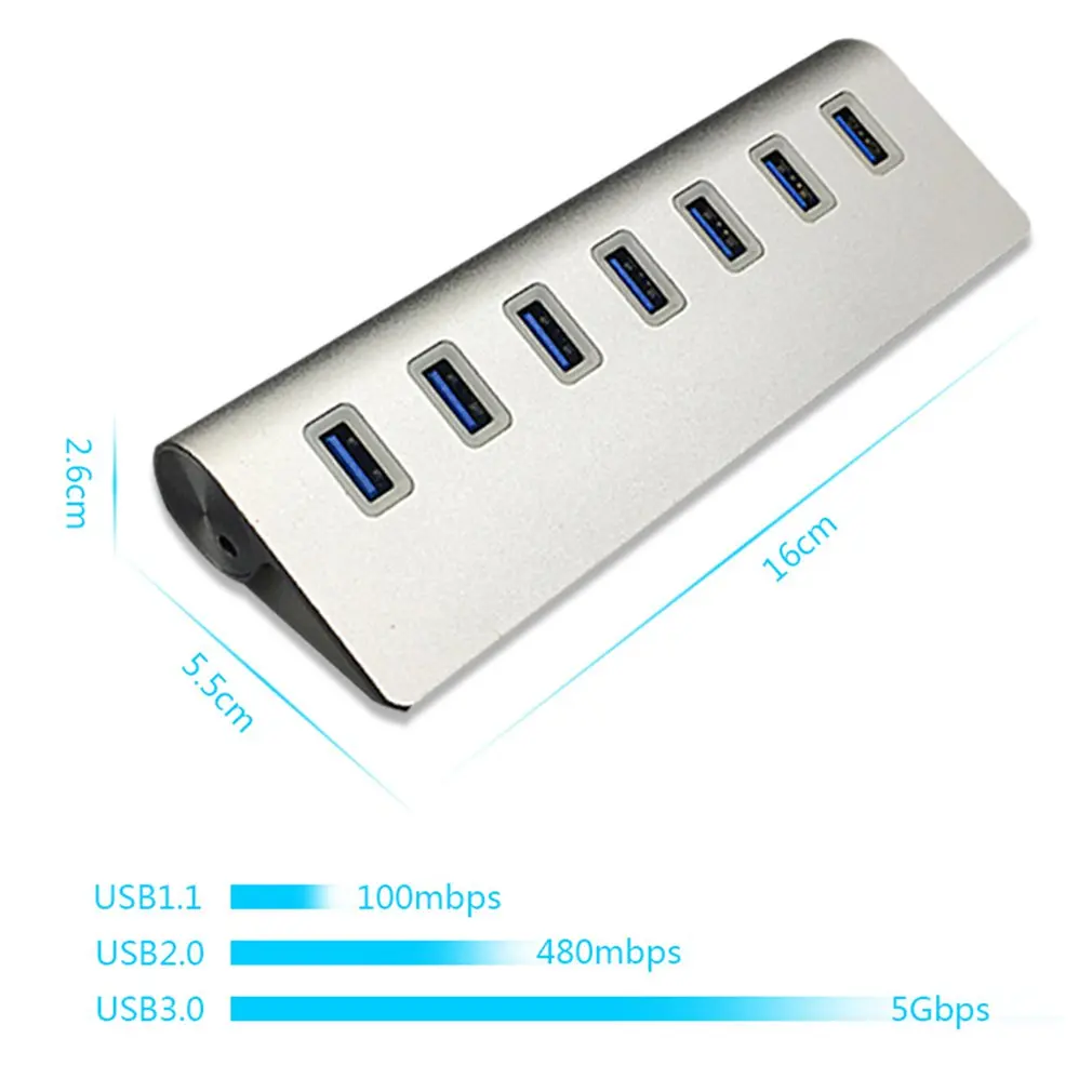 

7 Port Aluminum USB 3.0 HUB 5Gbps High Speed +AC Power Adapter For PC Laptop