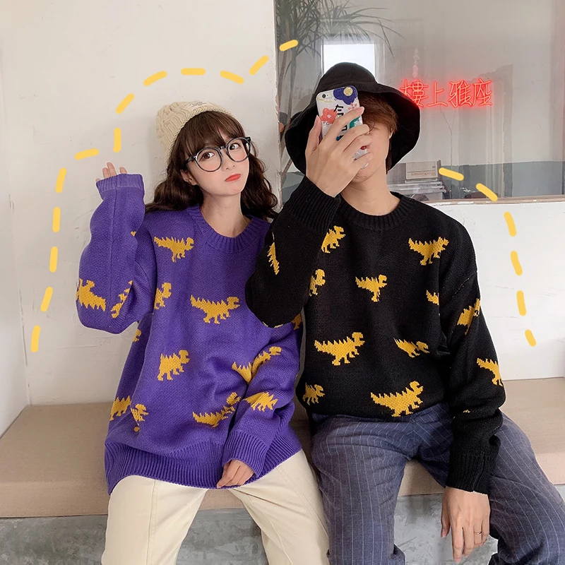 Женский пуловер с милым динозавром черного и фиолетового цвета свитер 2020 женский