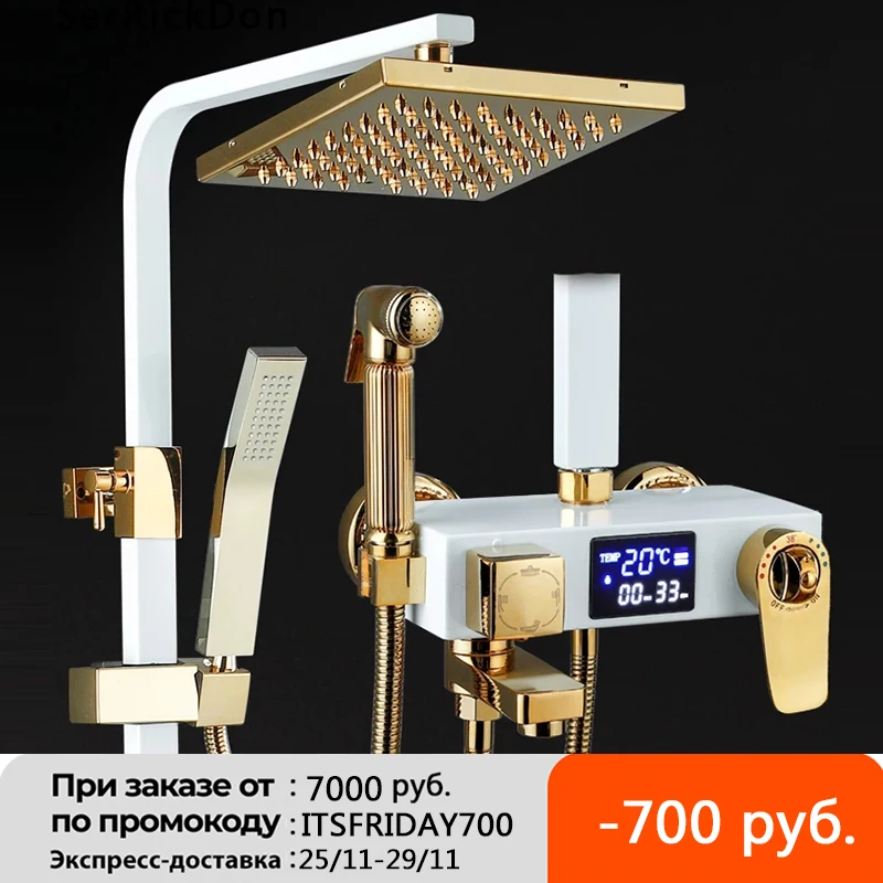 

Black Wall Mounted Thermostatic Shower Faucet Set Rain Shower Bath Faucet Bathtub Shower Mixer Tap Digital Display Function
