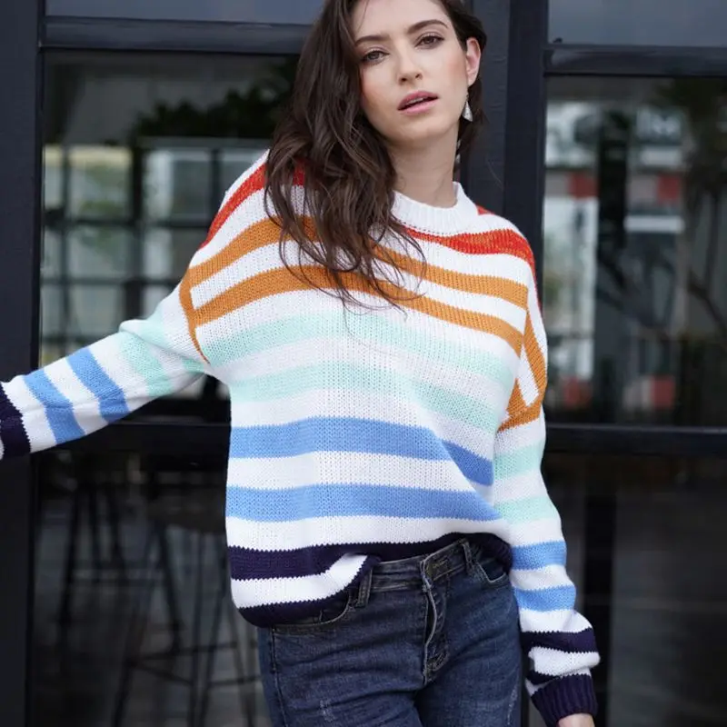 

2019 Autumn Chic Women Oversized Rainbow Stripes Sweater Batwing Sleeves Knitted Pullover Sweater Jumpers Ulzzang Knit