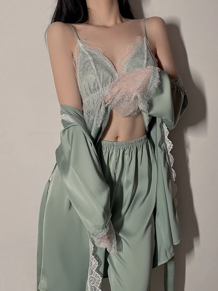

3 Piece Women's Sleep Lounge Pajama Set Sexy Lace Satin Patchwork Camisole Bathrobe + Pants Home Sleepwear Negligee Pantsuit