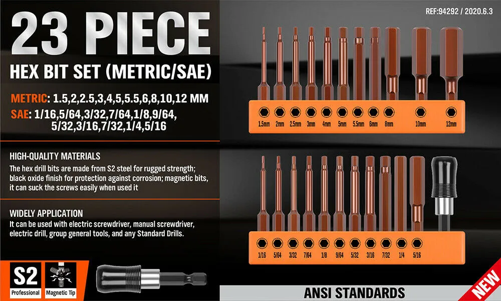 

S2 Steel Drill Bit SAE Set Wrench 1/4\\\" 23PC Allen Bit Drill Hand Tool