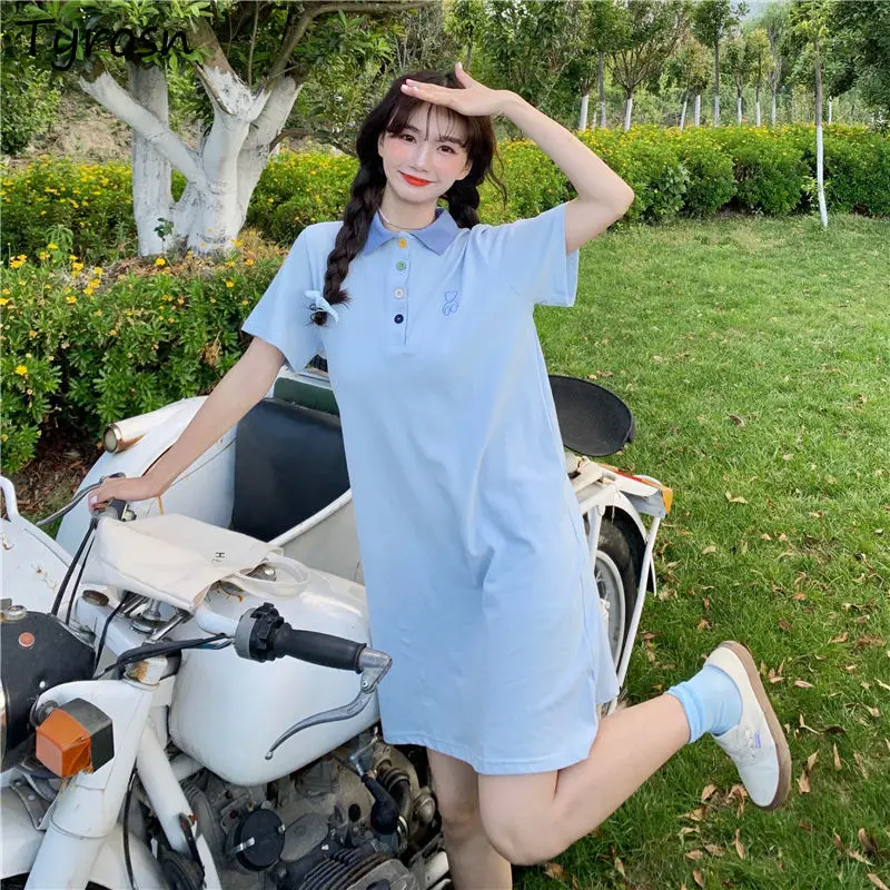 

Женское платье-футболка с отложным воротником, свободная уличная одежда для студентов, повседневное модное платье в Корейском стиле Харадз...