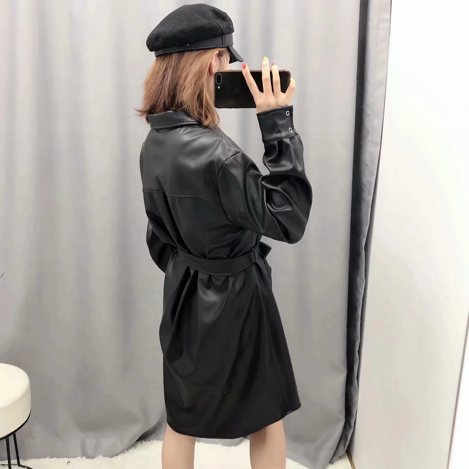 Женское зимнее платье рубашка из искусственной кожи с длинным рукавом