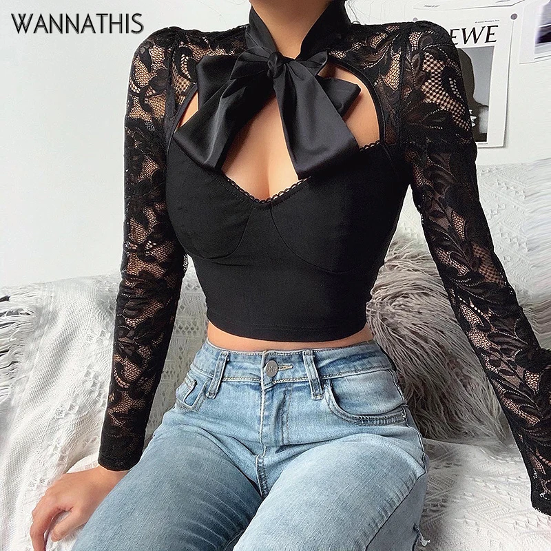 Женская кружевная Облегающая рубашка WannaThis черная элегантная ажурная блузка с