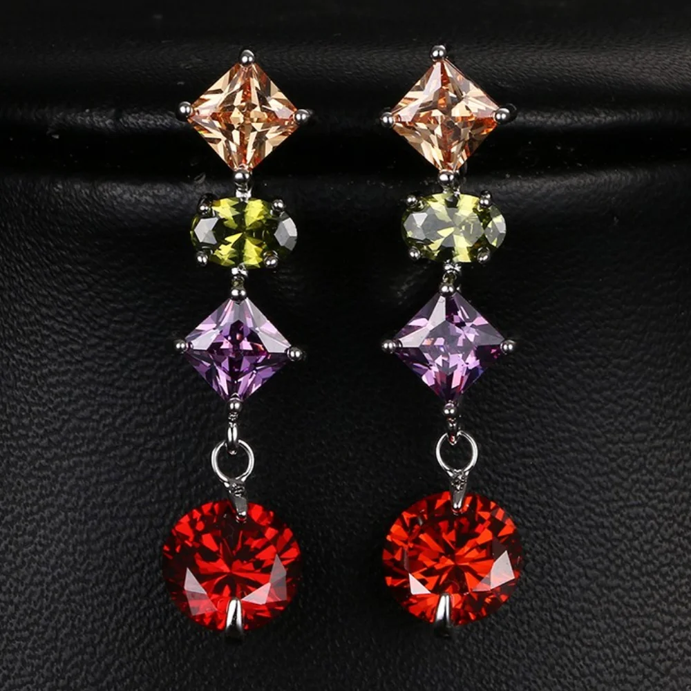 

AMC Fashion Personality Colorful Round Drop Earring AAA Cubic Zircon Long Dangle Earring Bridal Party Jewelry Gifts For Women