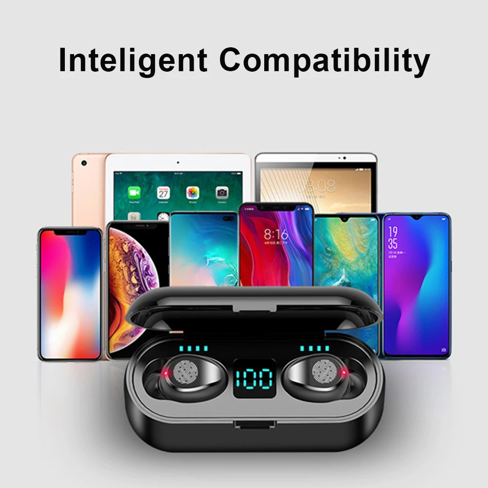 

F9 Bluetooth5.0 Binaural Touch Wireless Earphone Compatible Smart Noise Reduction Headphone Headset With Power Display Digital.