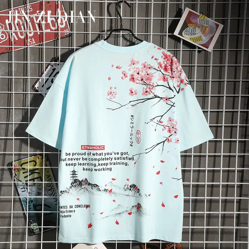 

Men Hip Hop T Shirt 2021 Streetwear Japanese Sakura Painting Tshirt Short Sleeve Cotton Summer Harajuku T-Shirt Japan Style Pink