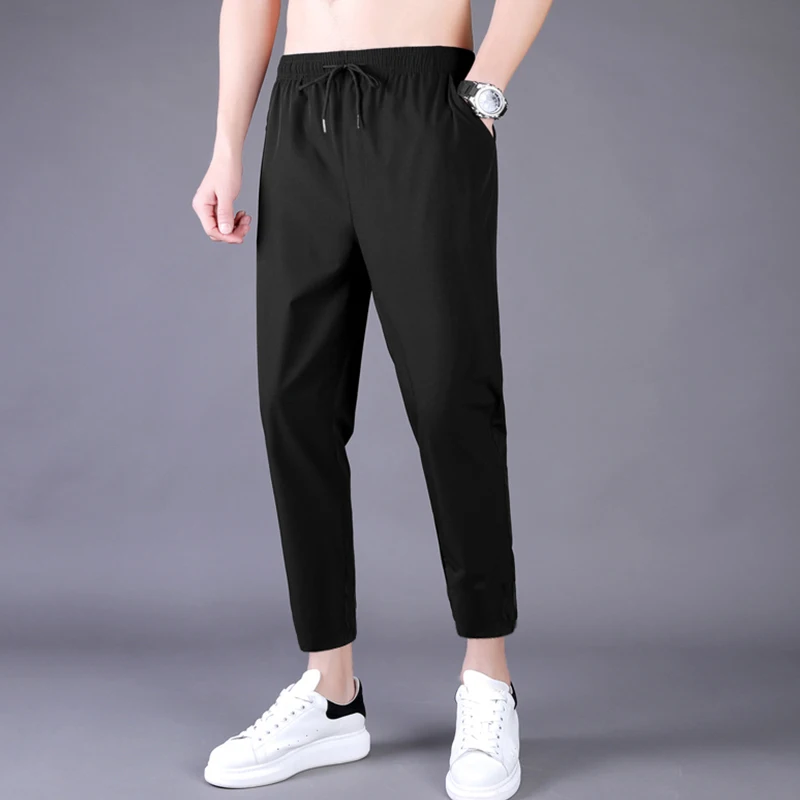 Men's Summer Thin Pants Korean Trend Nine Straight Tube Loose Ice Silk Elastic Sweatpants For Boys Spring And Autumn Student